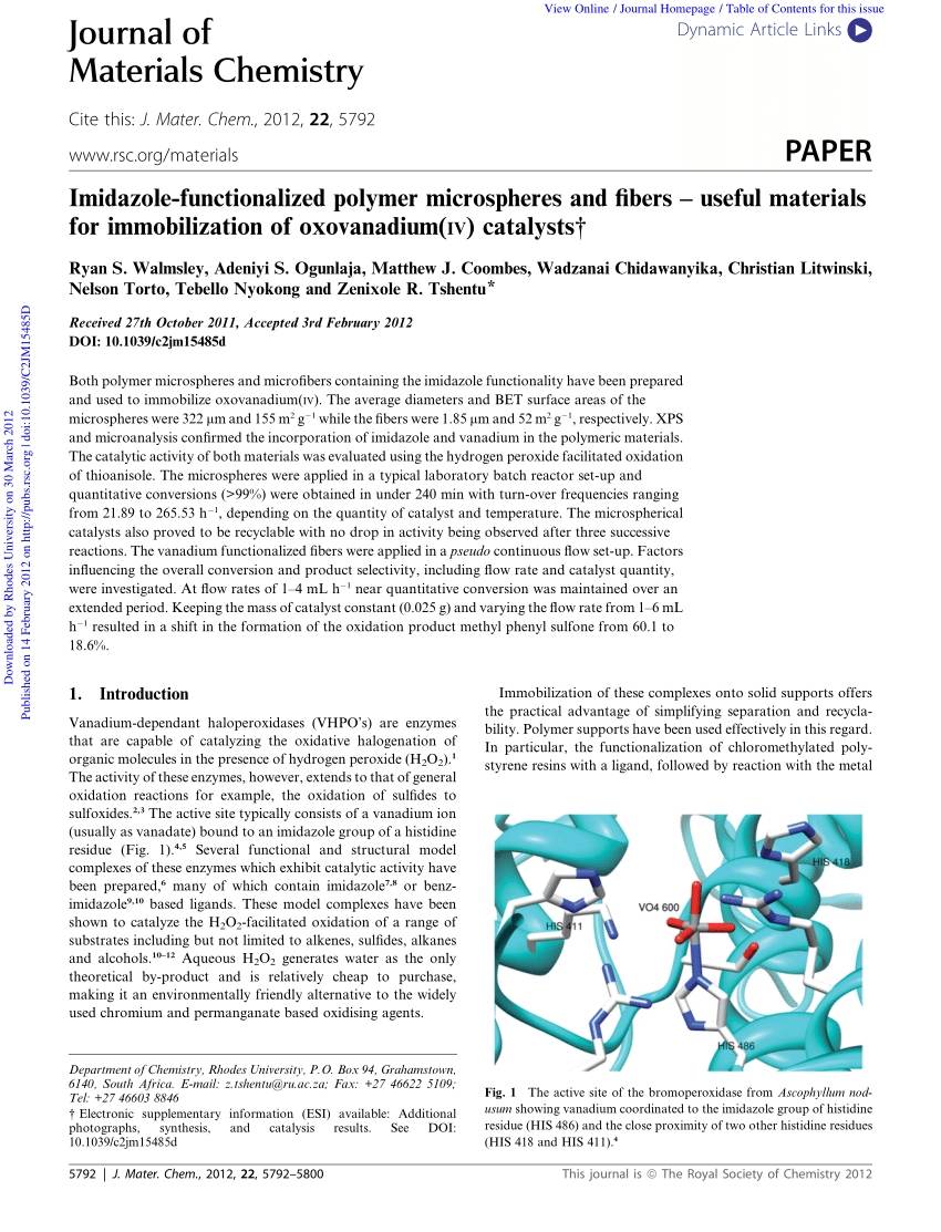 Pdf Imidazole Functionalized Polymer Microspheres And Fibers Useful Materials For Immobilization Of Oxovanadium Iv Catalysts