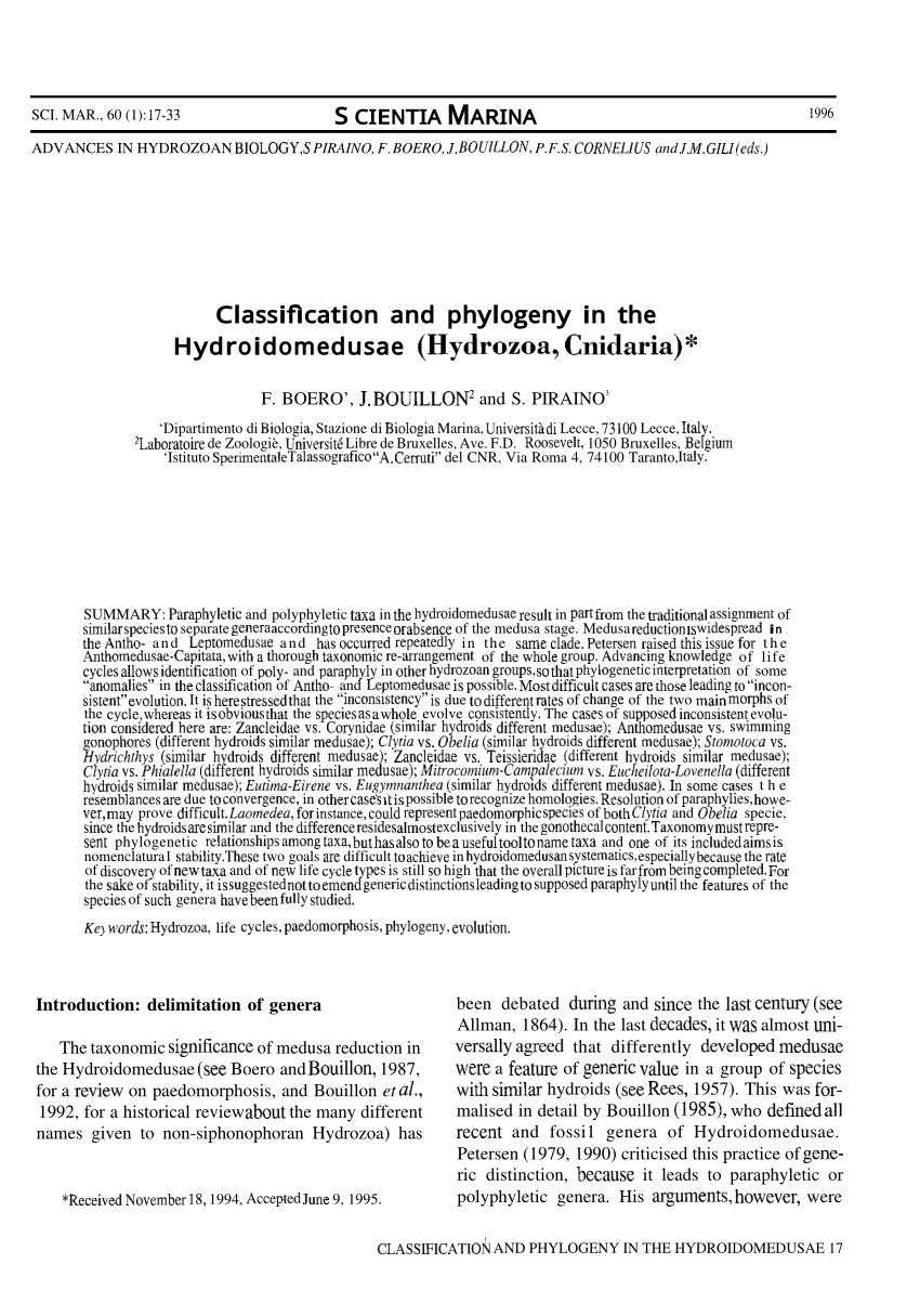Pdf Classification And Phylogeny In The Hydroidomedusae Hydrozoa