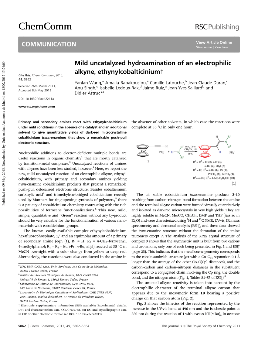 Pdf Mild Uncatalyzed Hydroamination Of An Electrophilic Alkyne Ethynylcobalticinium