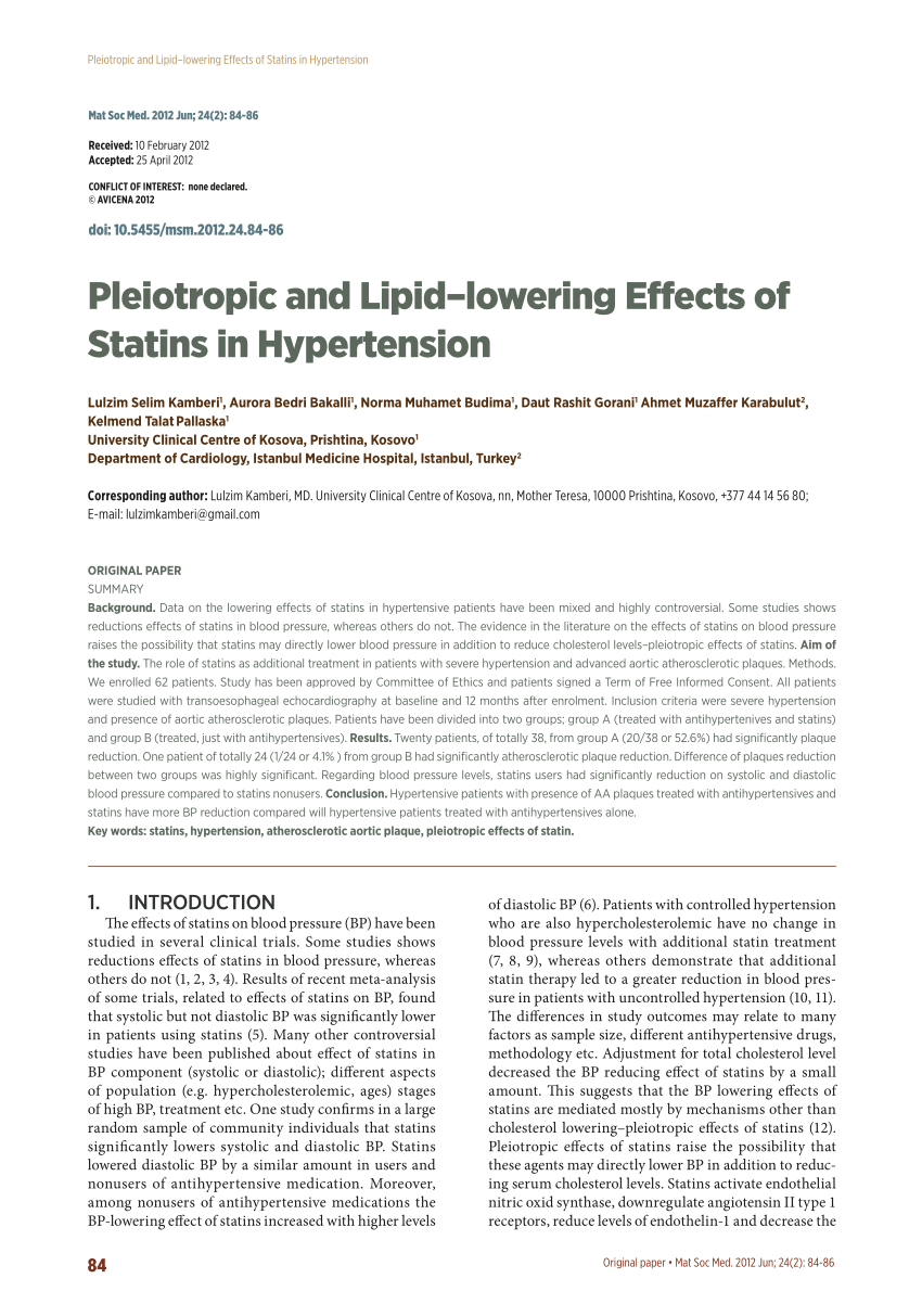 Pdf Pleiotropic And Lipid Lowering Effects Of Statins In Hypertension