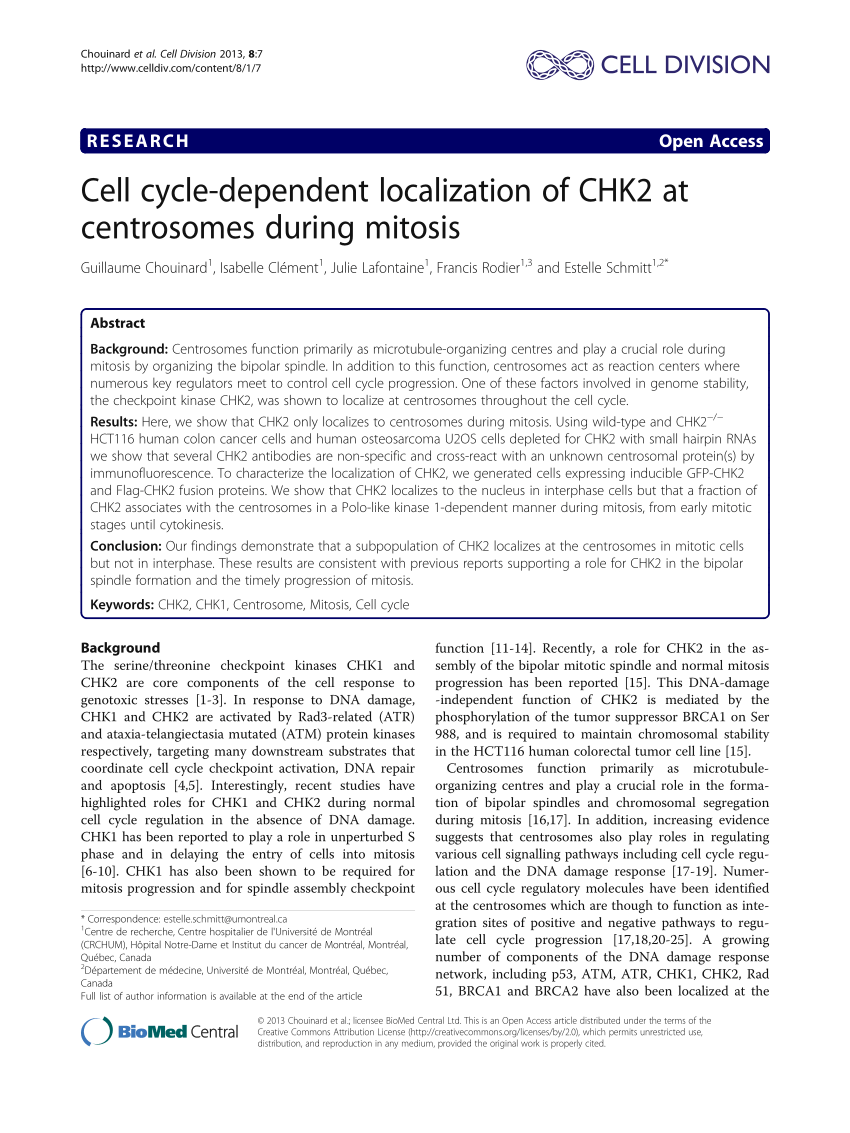 PDF) Cell cycle-dependent localization of CHK2 at centrosomes ...