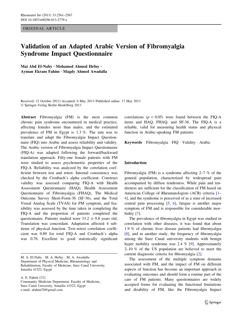 (PDF) Validation of an Adapted Arabic Version of Fibromyalgia ...