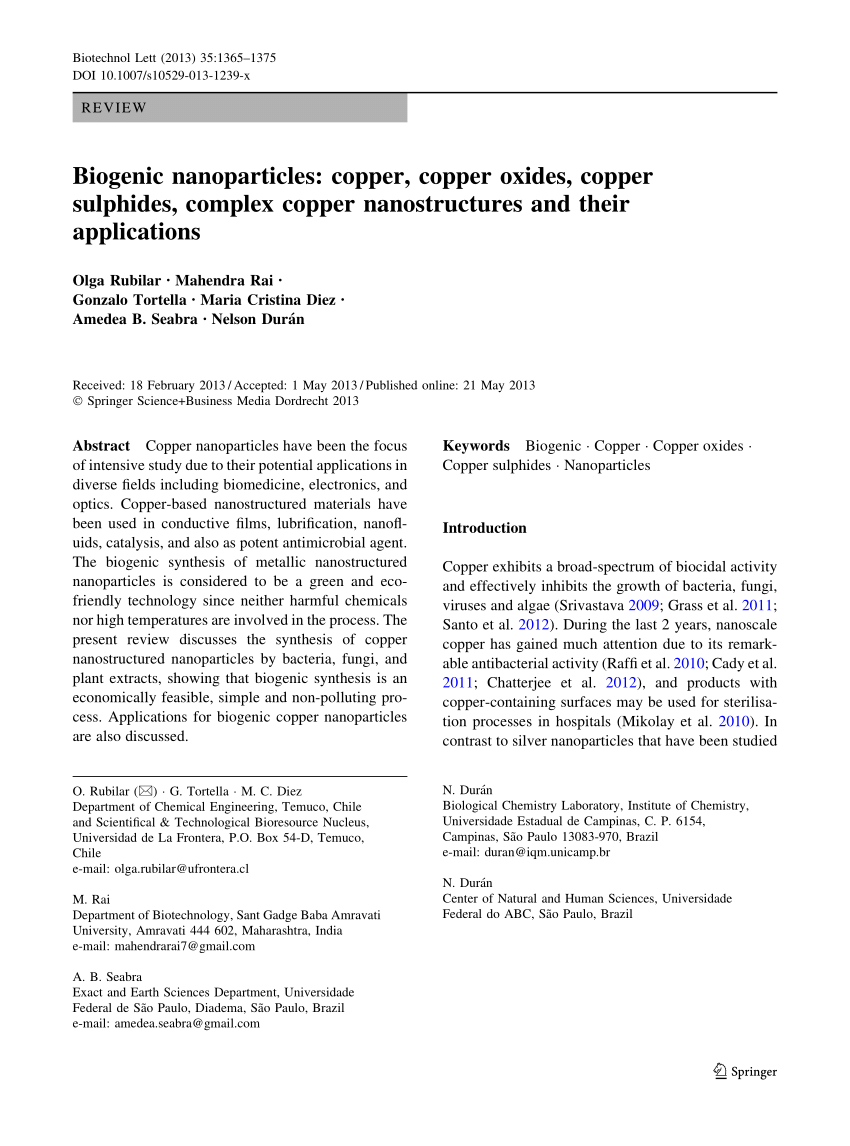 Pdf Biogenic Nanoparticles Copper Copper Oxides Copper Sulphides Complex Copper Nanostructures And Their Applications
