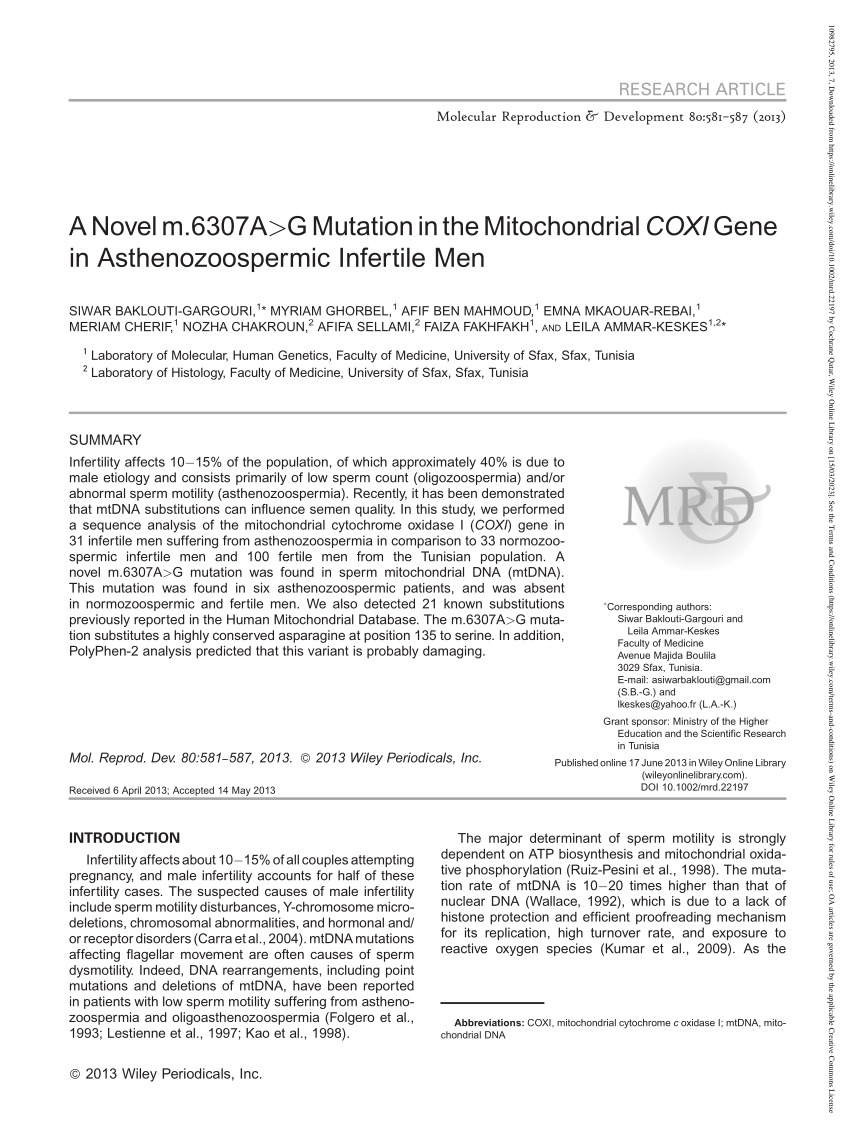 PDF A Novel m 6307A G Mutation in the Mitochondrial COXI Gene  