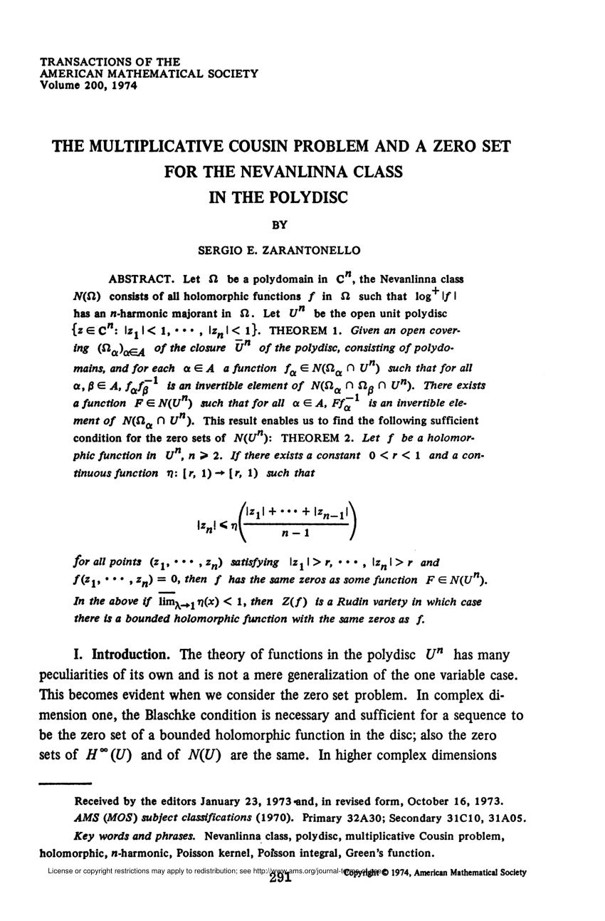 Pdf The Multiplicative Cousin Problem And A Zero Set For The Nevanlinna Class In The Polydisc