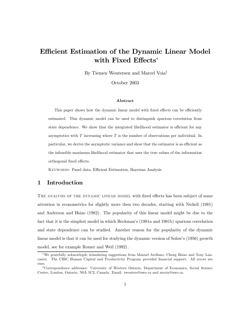 Pdf Adaptive Estimation Of The Dynamic Linear Model With Fixed Effects
