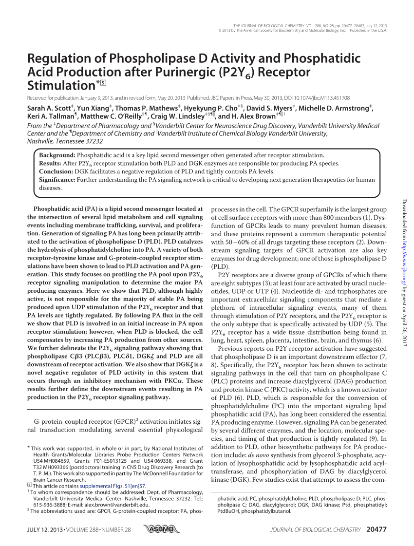 (PDF) Regulation of Phospholipase D Activity and Phosphatidic Acid Production Following