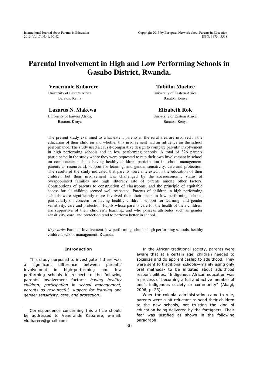 Pdf Parental Involvement In High And Low Performing Schools In