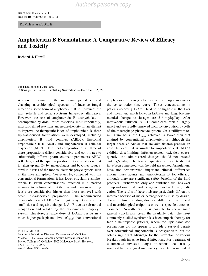 Pdf Amphotericin B Formulations A Comparative Review Of Efficacy And Toxicity