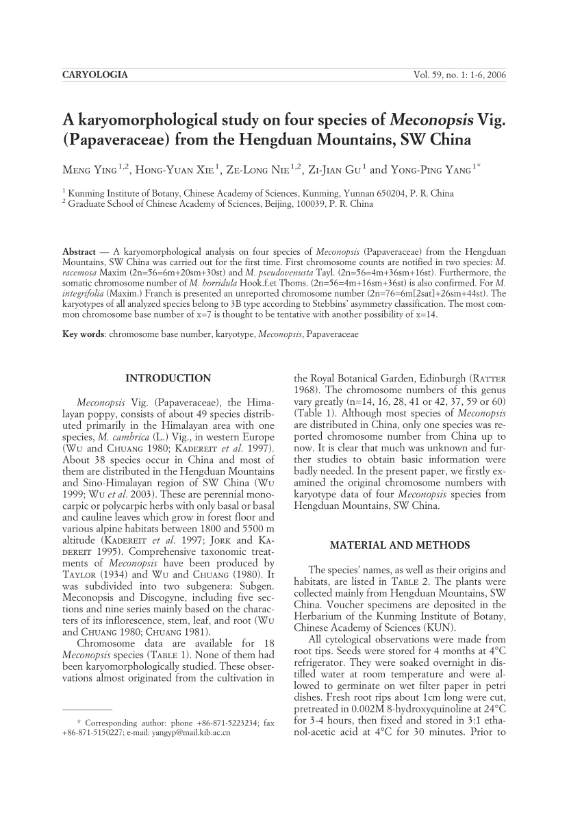 (PDF) A karyomorphological study on four species of Meconopsis Vig ...