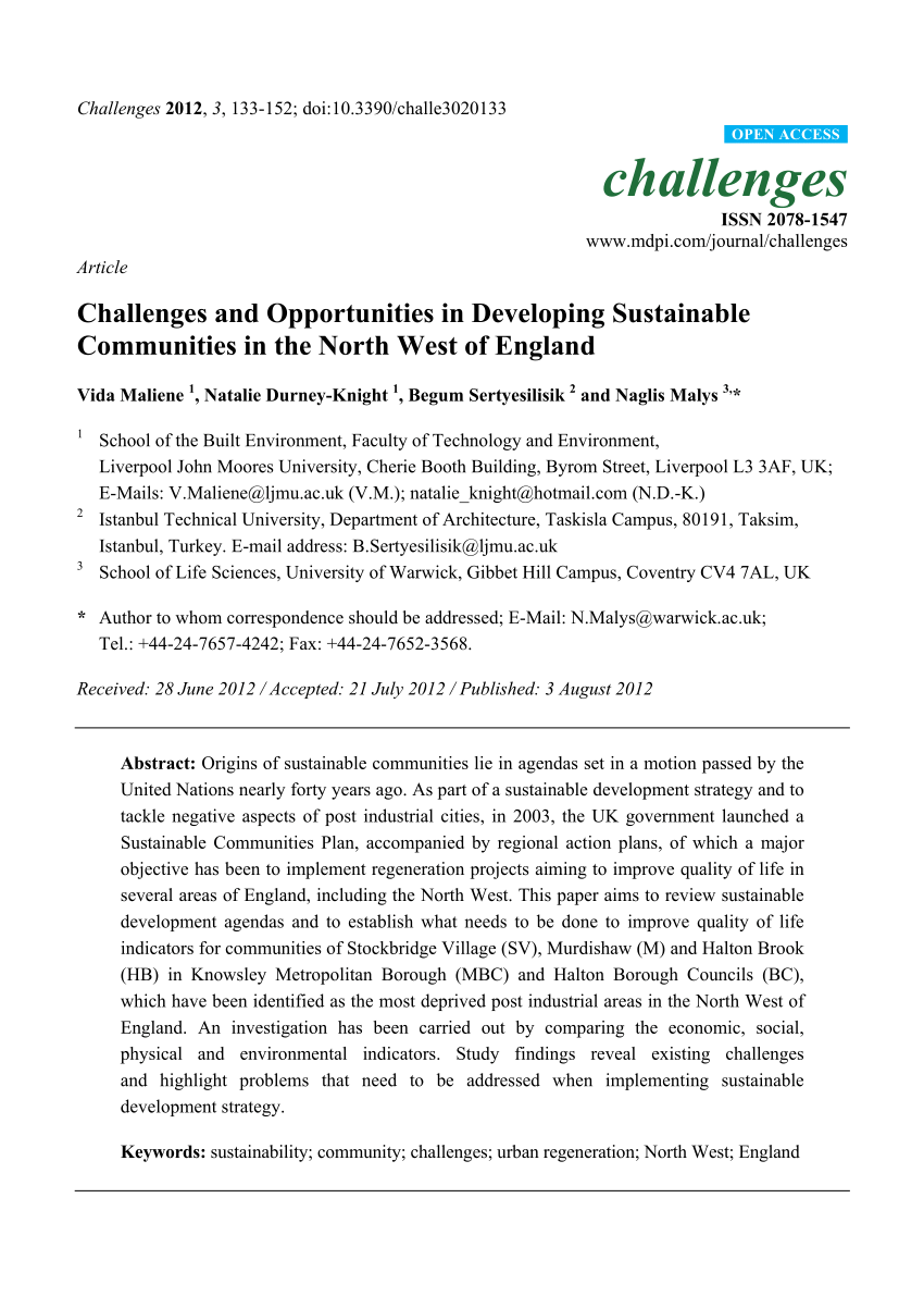 Pdf Challenges And Opportunities In Developing Sustainable Communities In The North West Of England