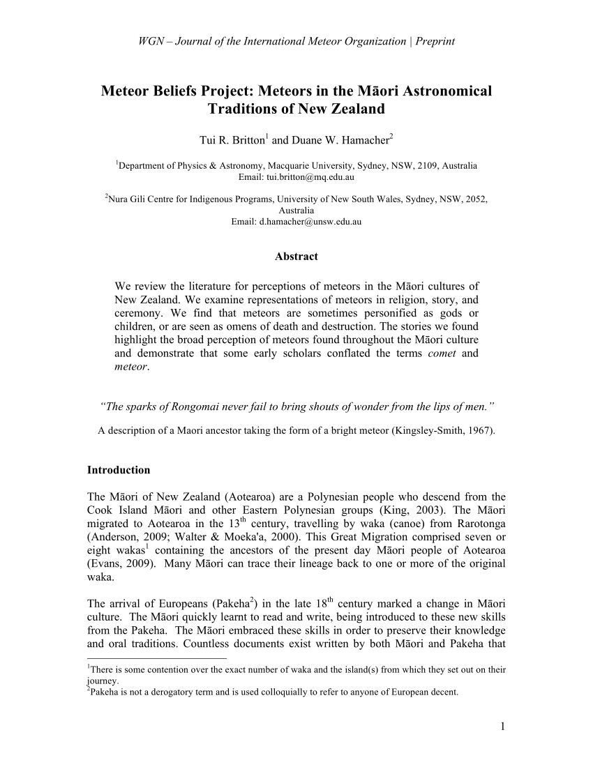 PDF) Meteors in the Maori Astronomical Traditions of New Zealand