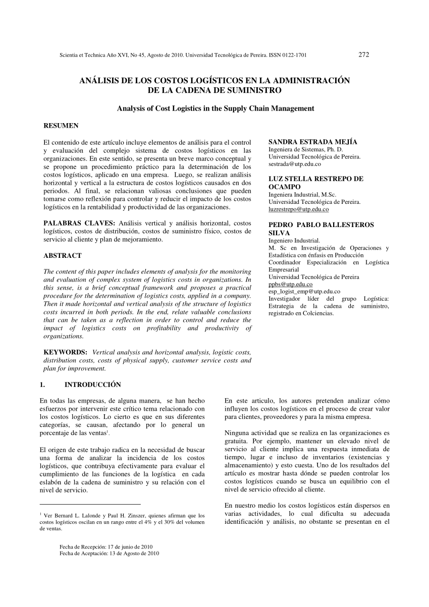 Pdf Analisis De Los Costos Logisticos En La Administracion