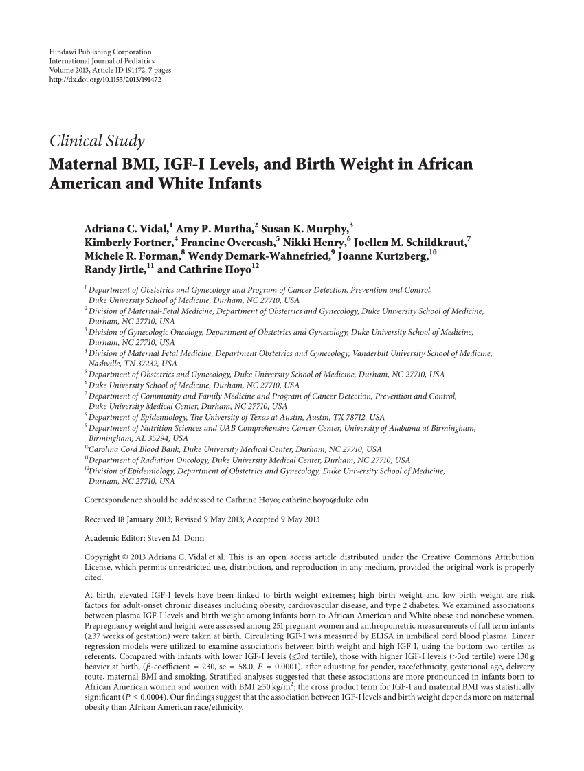 Pdf Maternal Bmi Igf I Levels And Birth Weight In African