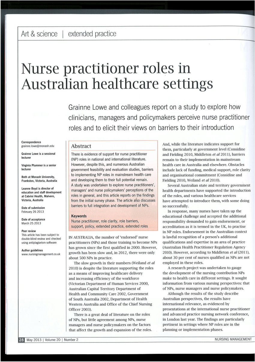 Pdf) Nurse Practitioner Roles In Australian Healthcare Settings