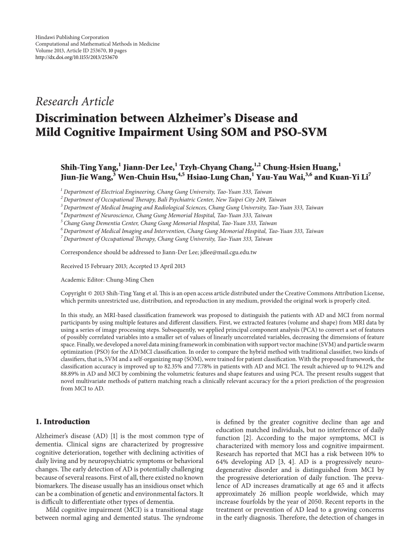Pdf Discrimination Between Alzheimer S Disease And Mild Cognitive Impairment Using Som And Pso Svm