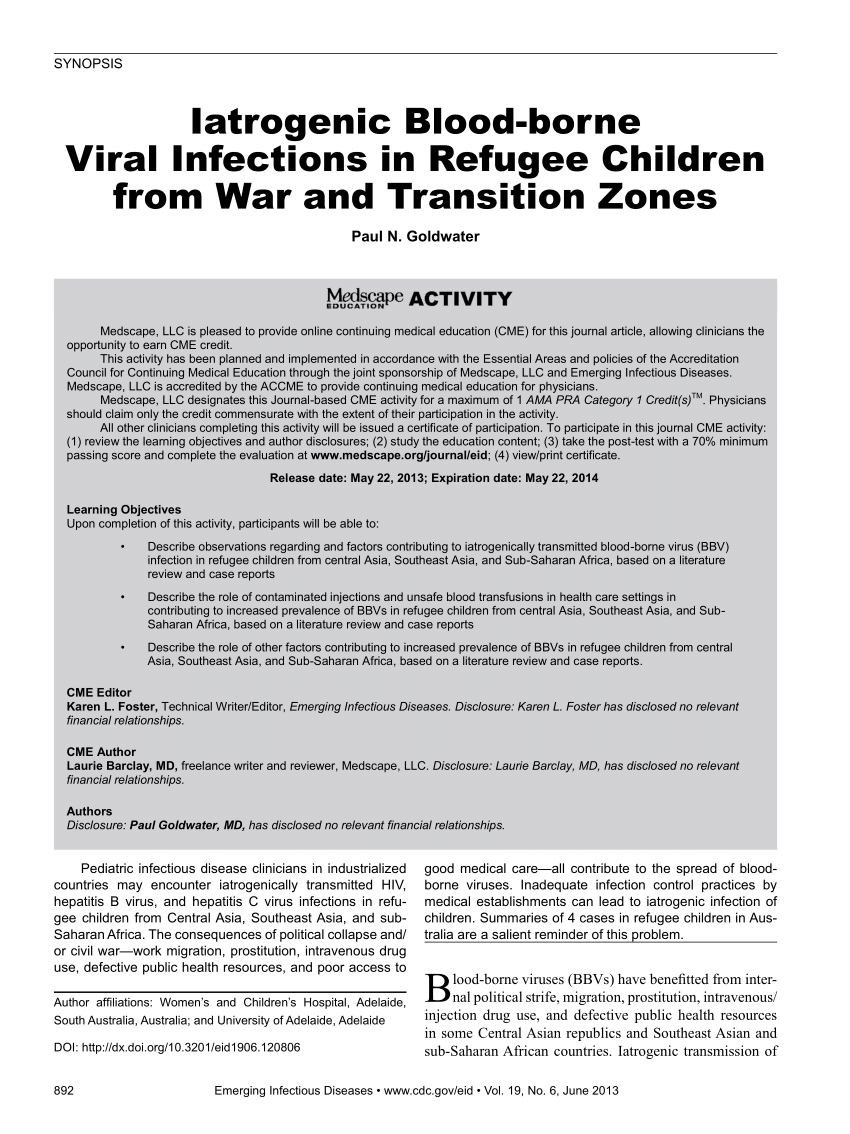 Pdf Iatrogenic Blood Borne Viral Infections In Refugee Children