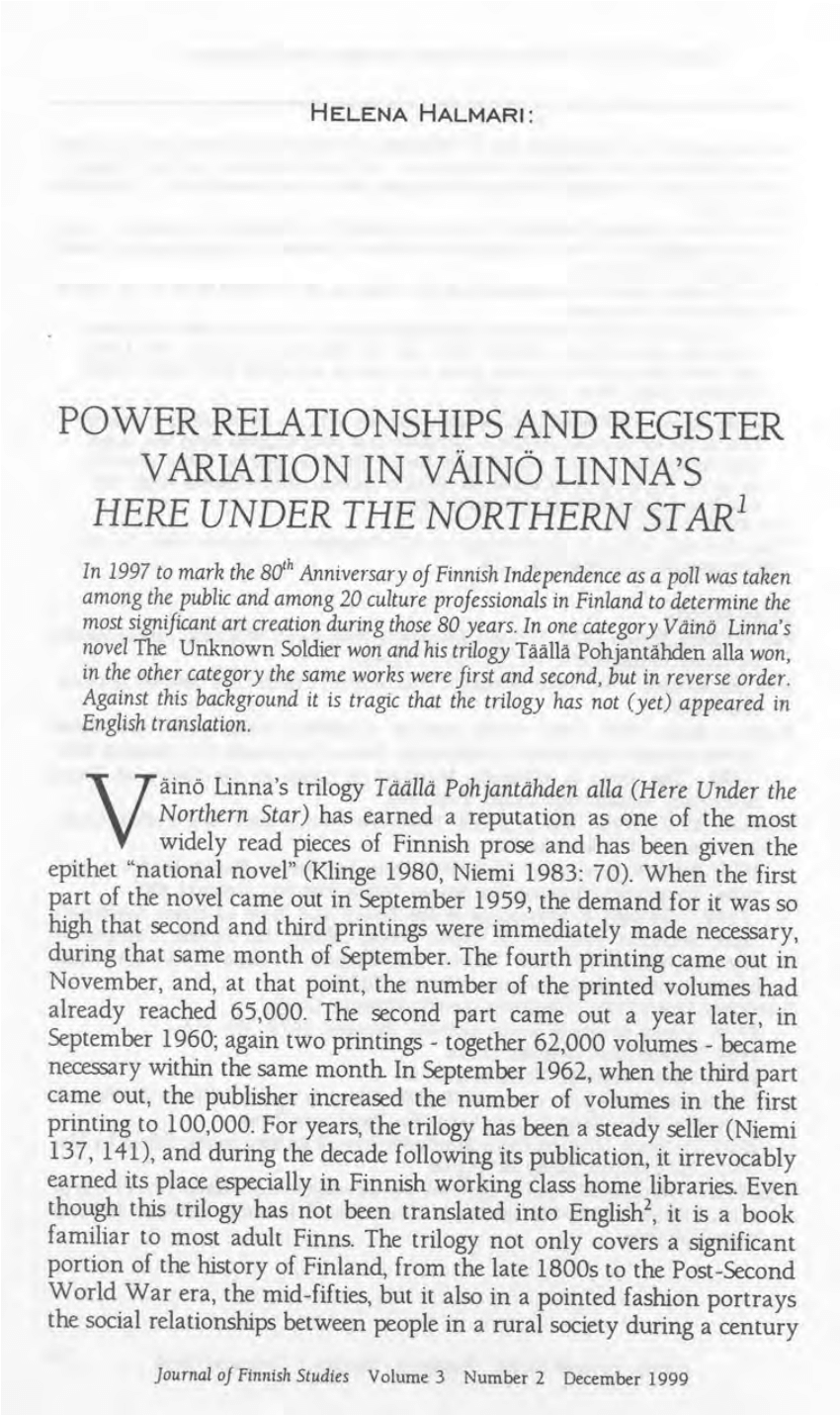 PDF) Power relationships and register variation in Väinö Linna's “Here,  under the Northern Star.” Journal of Finnish Studies 3 (2).
