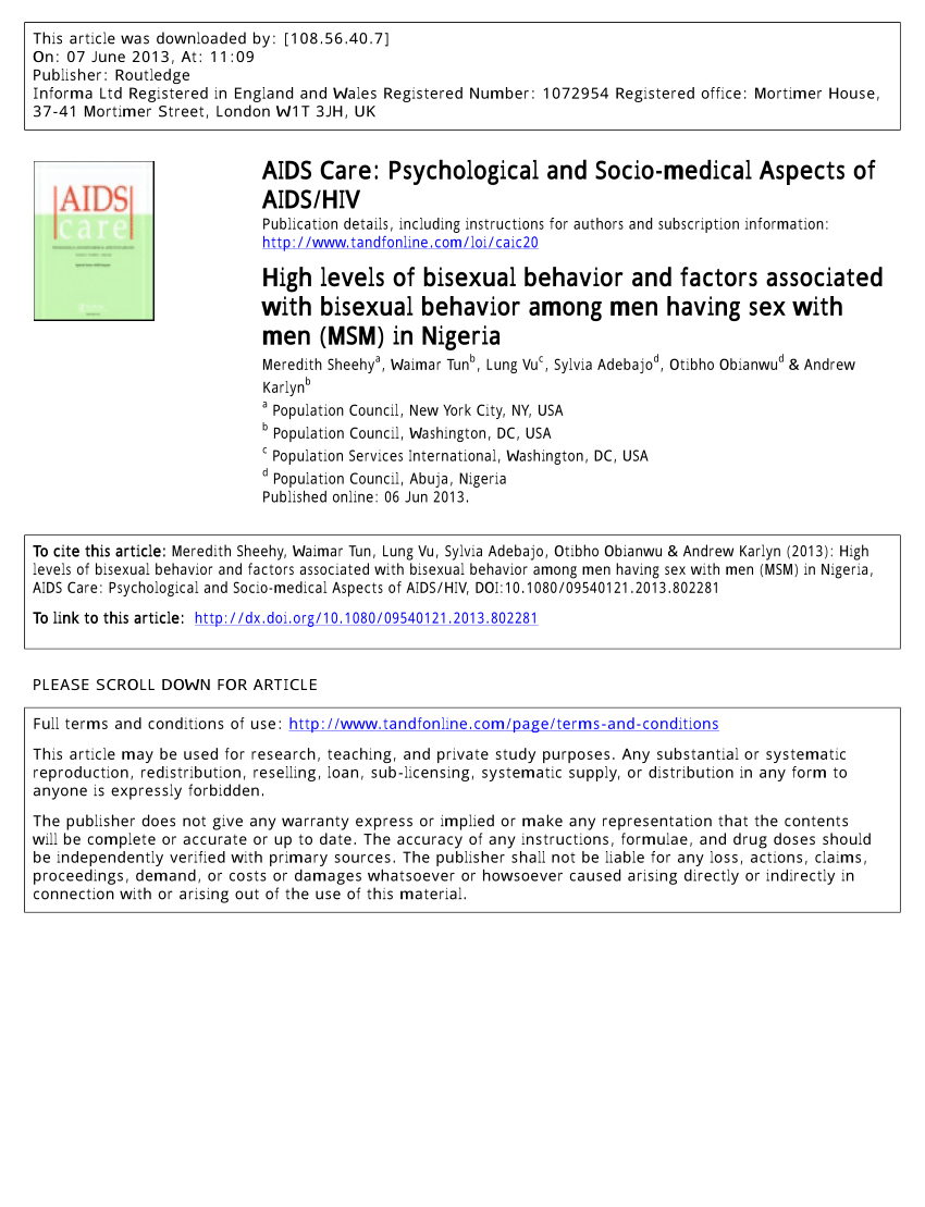 PDF) High levels of bisexual behavior and factors associated with bisexual  behavior among men having sex with men (MSM) in Nigeria