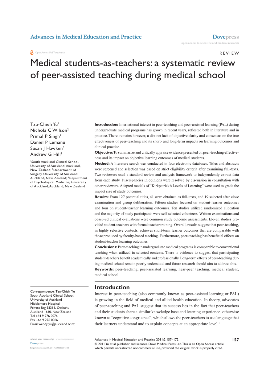 systematic review of peer teaching and learning in clinical education