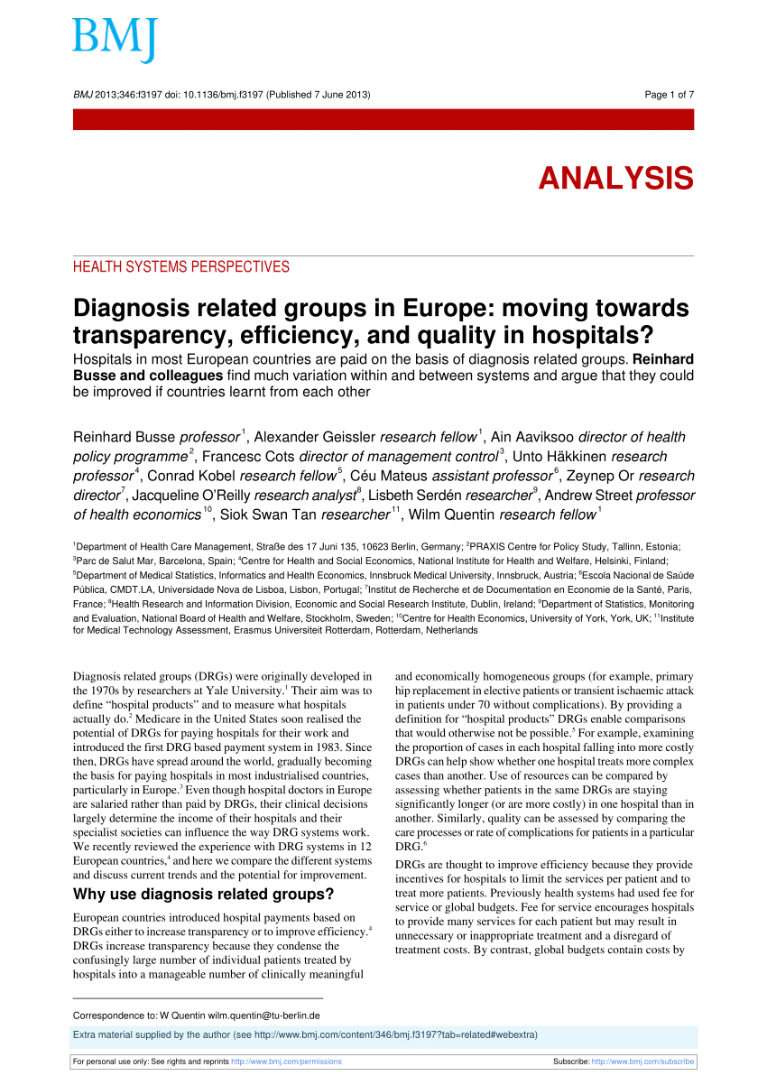 Pdf Diagnosis Related Groups In Europe Moving Towards Transparency Efficiency And Quality In Hospitals