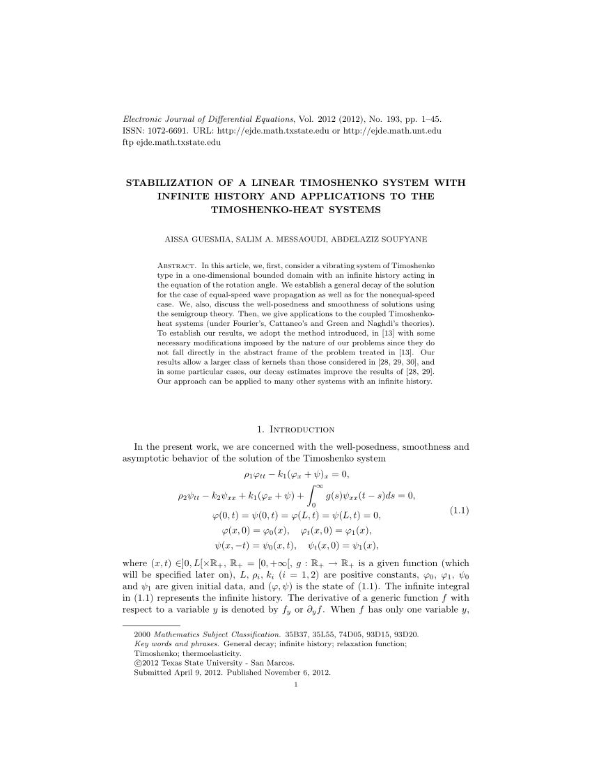 (PDF) Stabilization of a linear Timoshenko system with infinite history ...