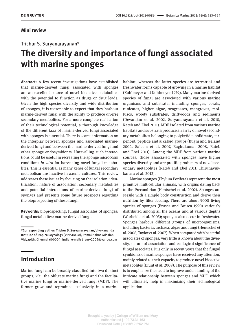 Pdf The Diversity And Importance Of Fungi Associated With Marine Sponges
