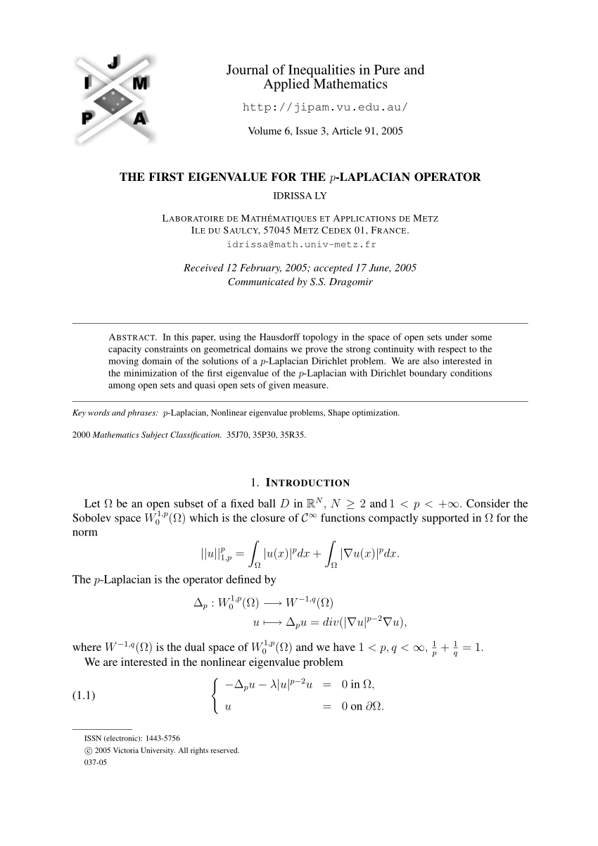 Pdf The First Eigenvalue For The P Laplacian Operator