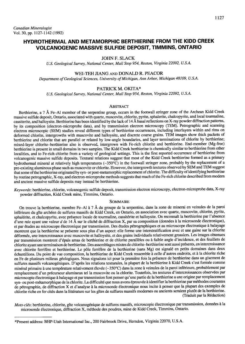 Pdf Hydrothermal And Metamorphic Berthierine From The Kidd Creek Volcanogenic Massive Sulfide Deposit Timmins Ontario