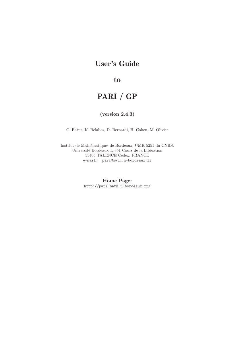 Pdf User S Guide To Pari Gp