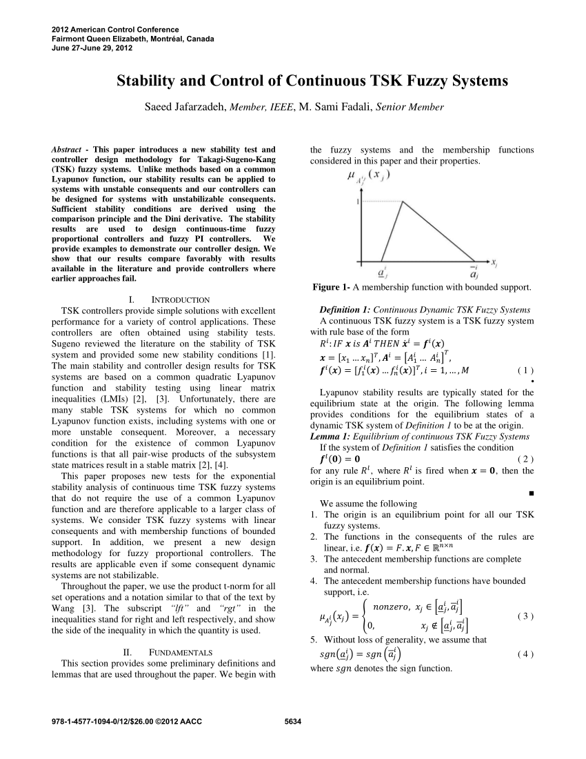 Pdf On The Stability And Control Of Continuous Time Tsk Fuzzy Systems