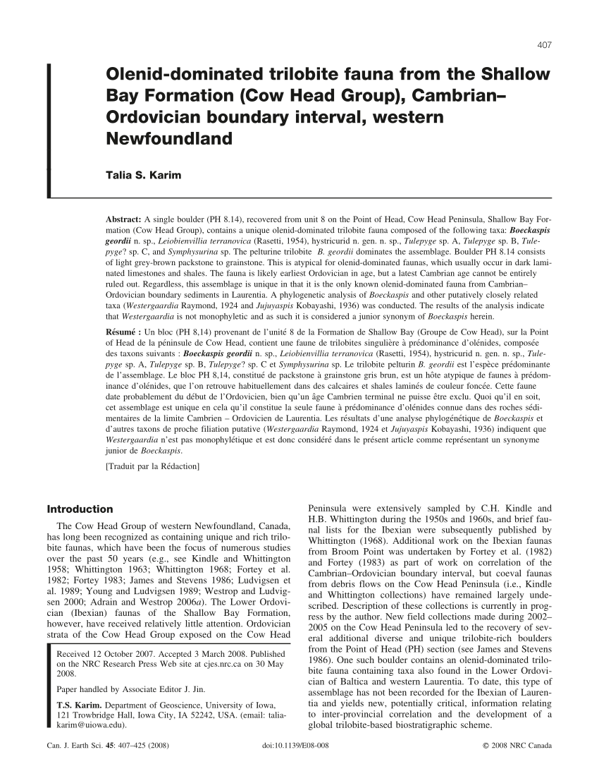 Pdf Olenid Dominated Trilobite Fauna From The Shallow Bay