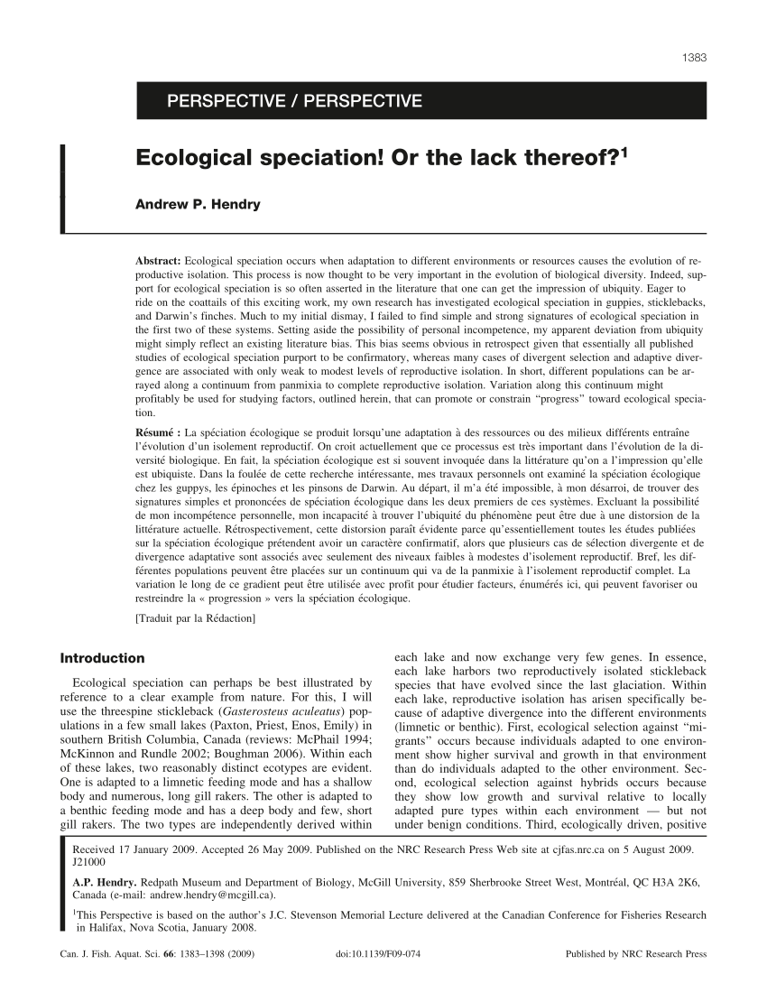 PDF Ecological speciation Or the lack thereof Canadian