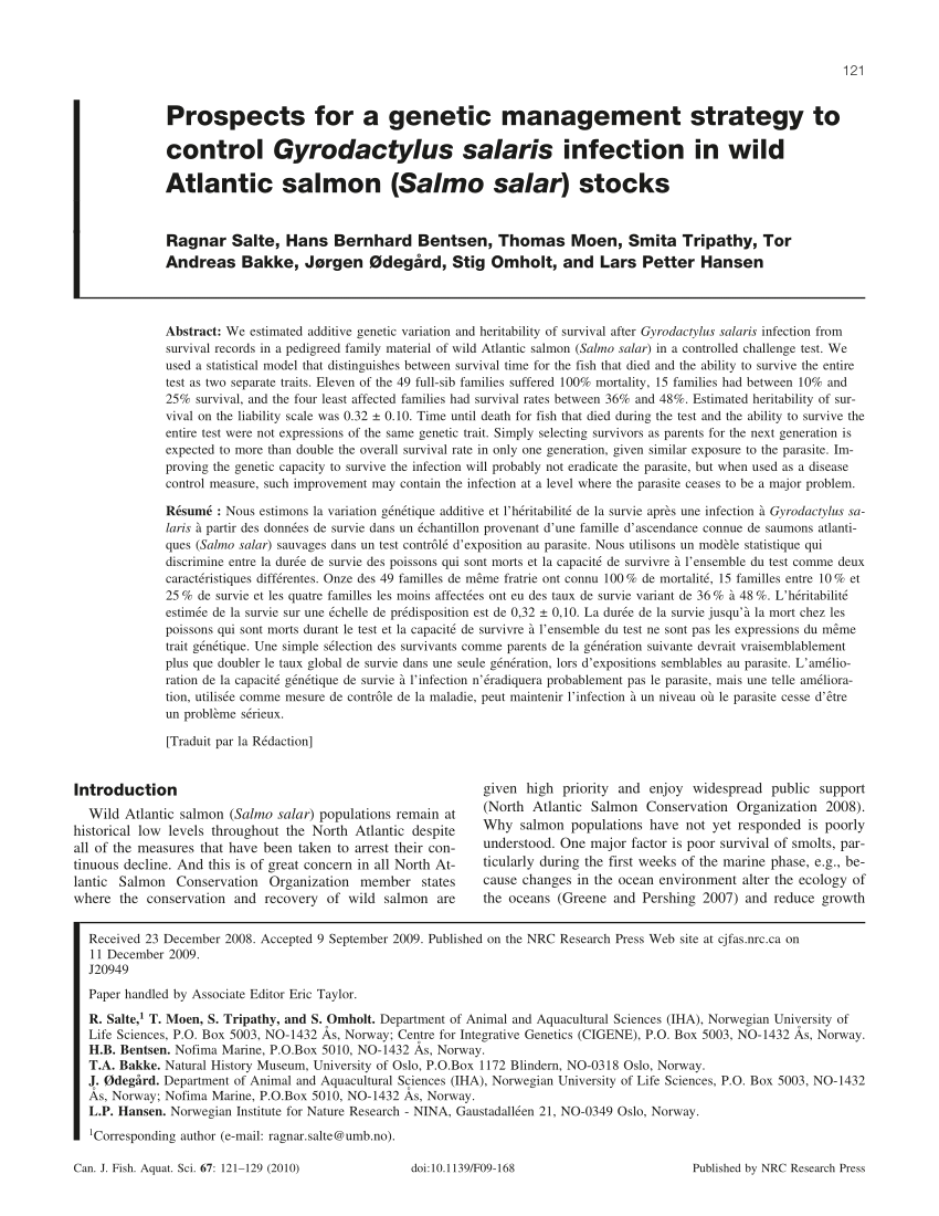 PDF) Prospects for a genetic management strategy to control Gyrodactylus  salaris infection in wild Atlantic salmon (Salmo salar) stocks