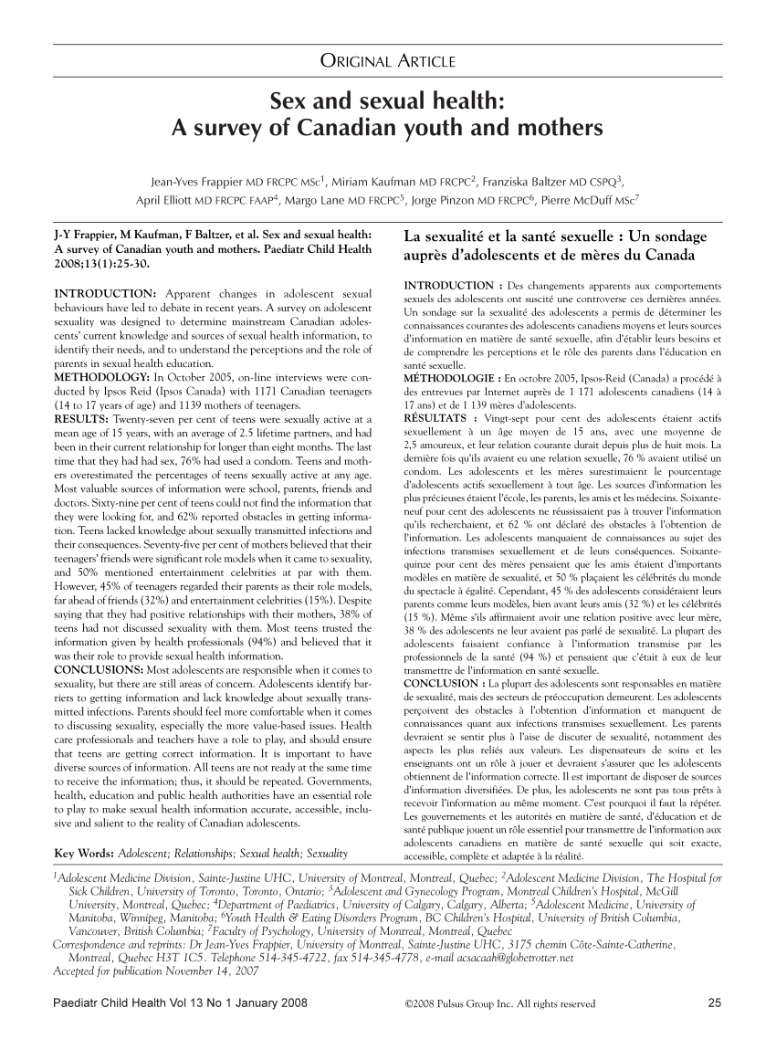 Pdf Sex And Sexual Health A Survey Of Canadian Youth And Mothers 8231