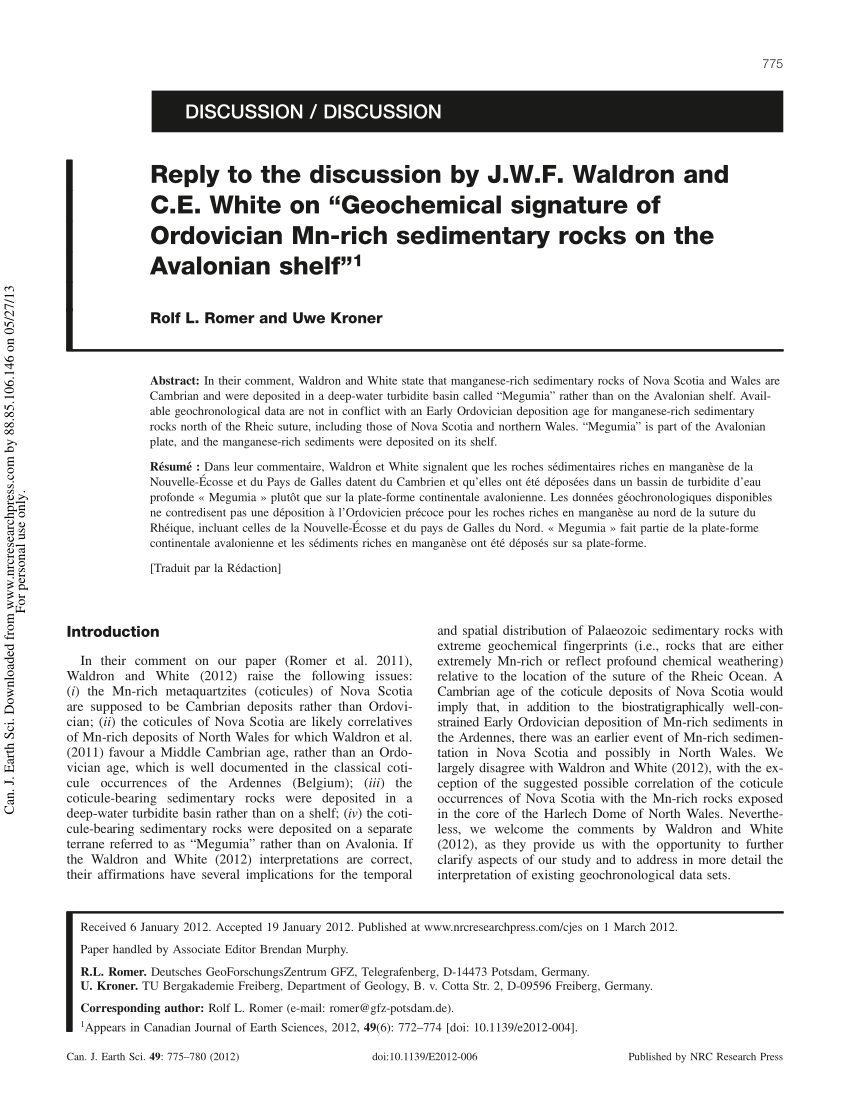 Pdf Reply To The Discussion By J W F Waldron And C E White On Geochemical Signature Of Ordovician Mn Rich Sedimentary Rocks On The Avalonian Shelf 1 1 Appears In Canadian Journal Of Earth Sciences