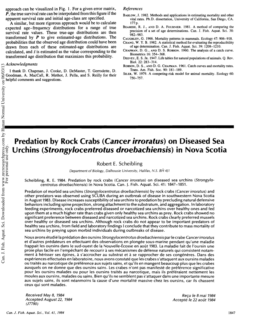 (PDF) Predation by Rock Crabs (Cancer irroratus) on Diseased Sea ...