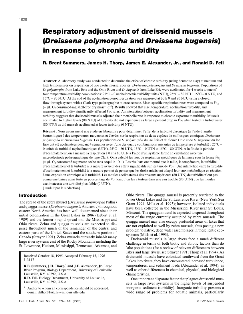 Pdf Respiratory Adjustment Of Dreissenid Mussels Dreissena Polymorpha And Dreissena Bugensis In Response To Chronic Turbidity