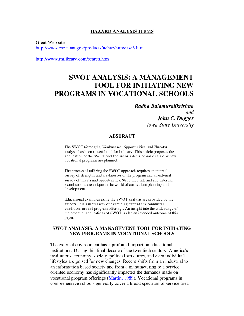 Pdf Swot Analysis A Management Tool For Initiating New Programs In Vocational Schools