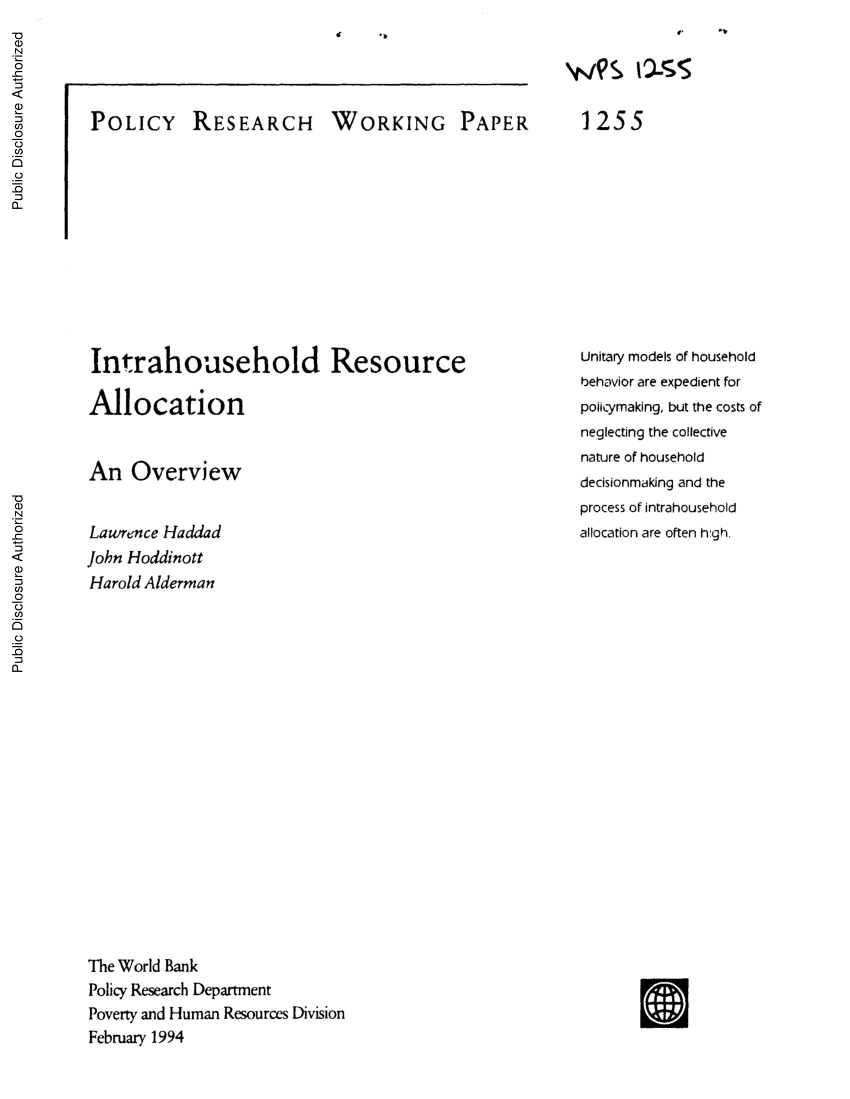 Pdf Intrahousehold Resource Allocation An Overview