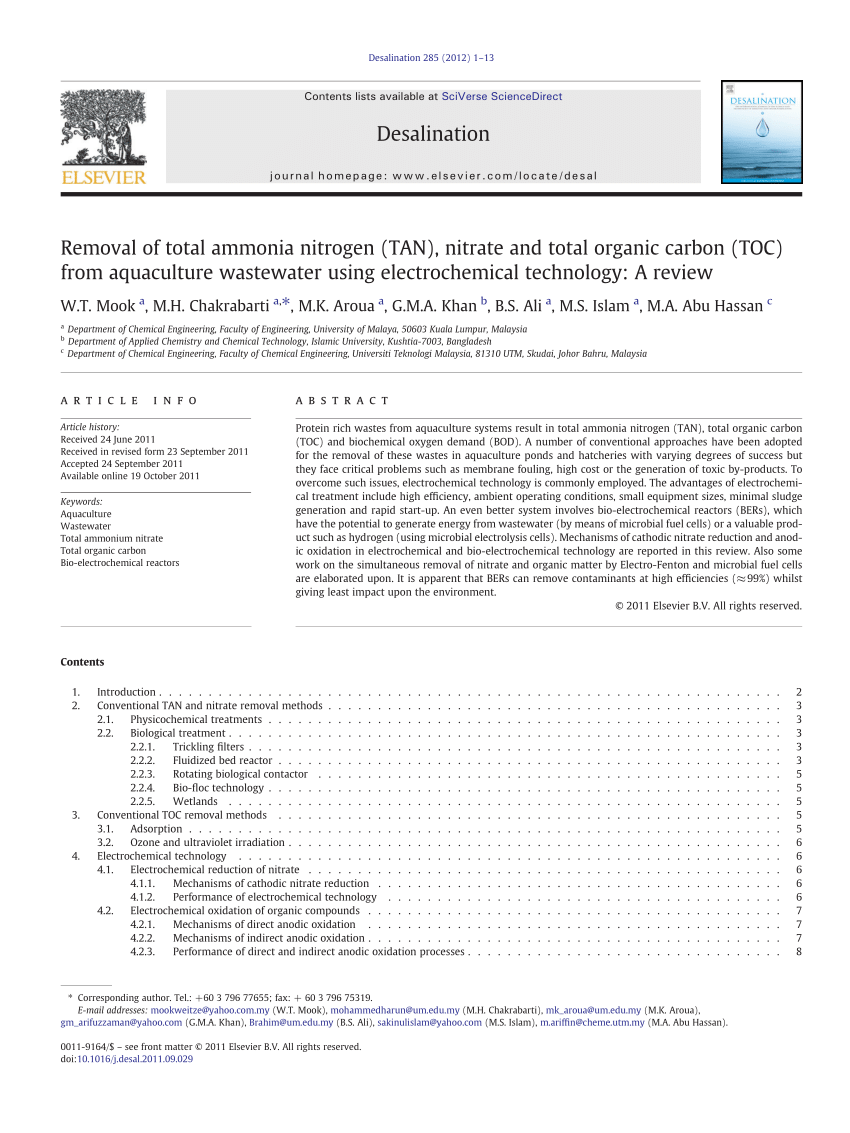 Pdf Removal Of Total Ammonia Nitrogen Tan Nitrate And Total Organic Carbon Toc From Aquaculture Wastewater Using Electrochemical Technology A Review