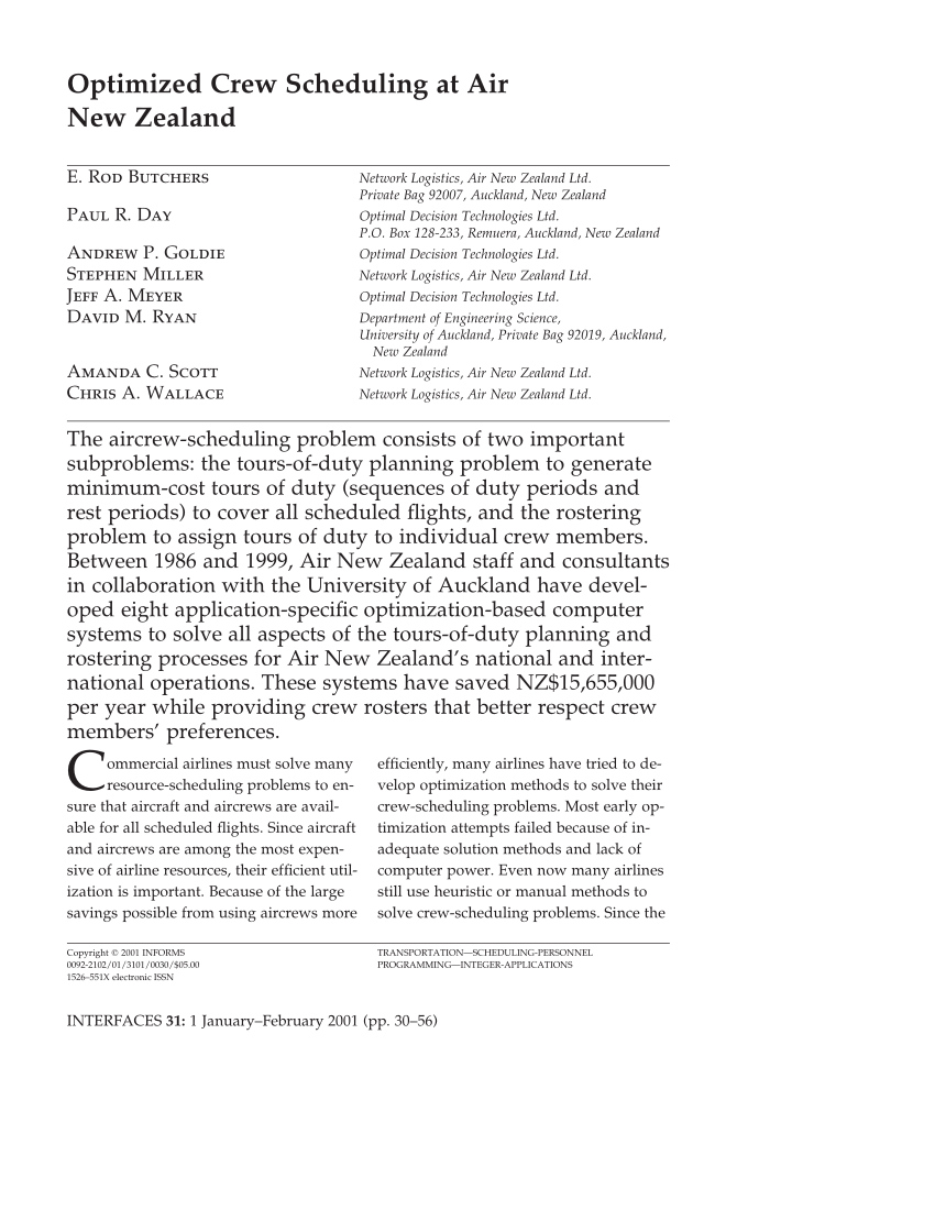 Pdf Optimized Crew Scheduling At Air New Zealand