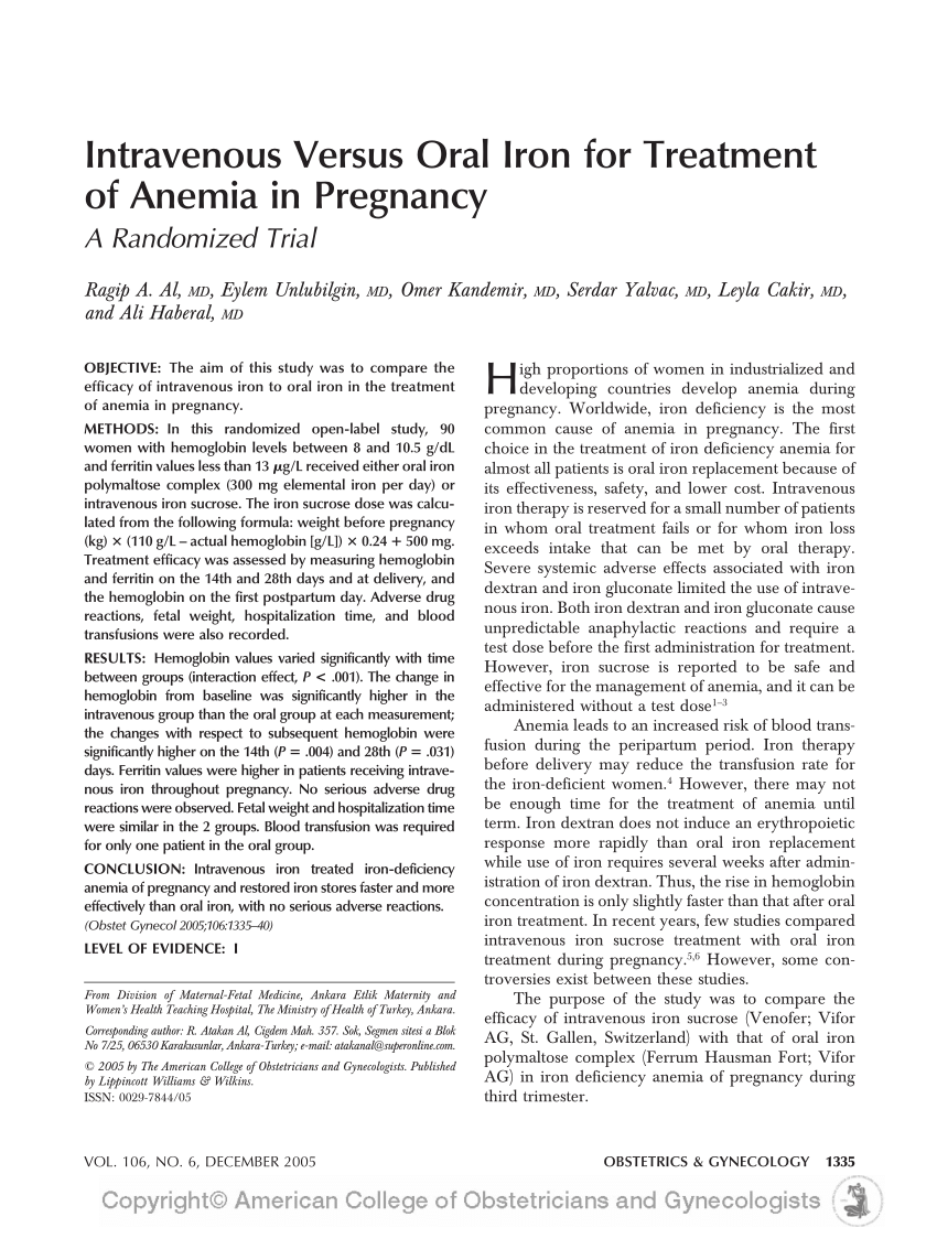 Pdf Intravenous Versus Oral Iron For Treatment Of Anemia In Pregnancy 8796