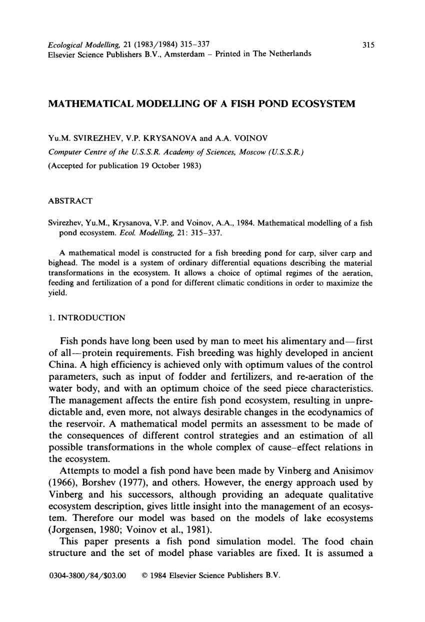 Pdf Mathematical Modeling Of A Fish Pond Ecosystem