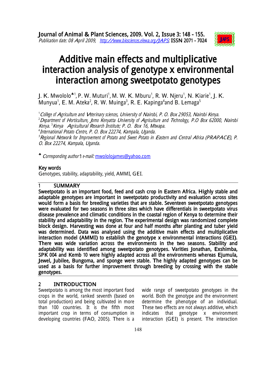 Pdf Additive Main Effects And Multiplicative Interaction Analysis Of Genotype X Environmental Interaction Among Sweetpotato Genotypes