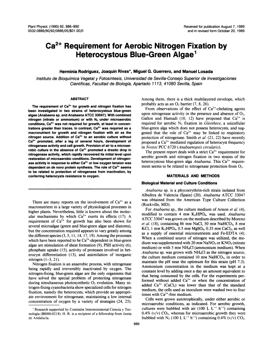 (PDF) Ca2+ Requirement for Aerobic Nitrogen Fixation by Heterocystous