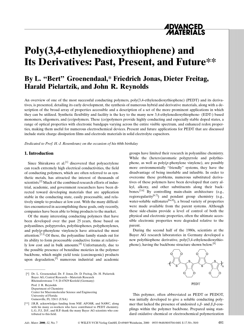 Pdf Poly 3 4 Ethylenedioxythiophene And Its Derivatives Past Present And Future