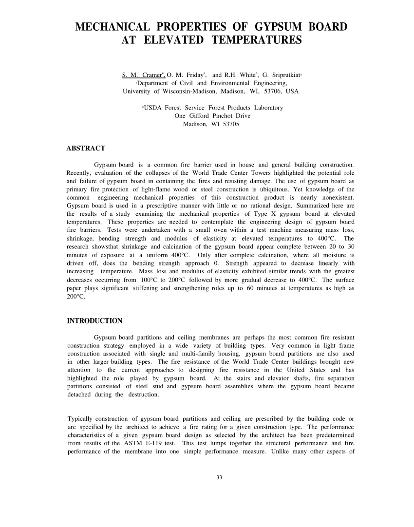 Pdf Mechanical Properties Of Gypsum Board At Elevated