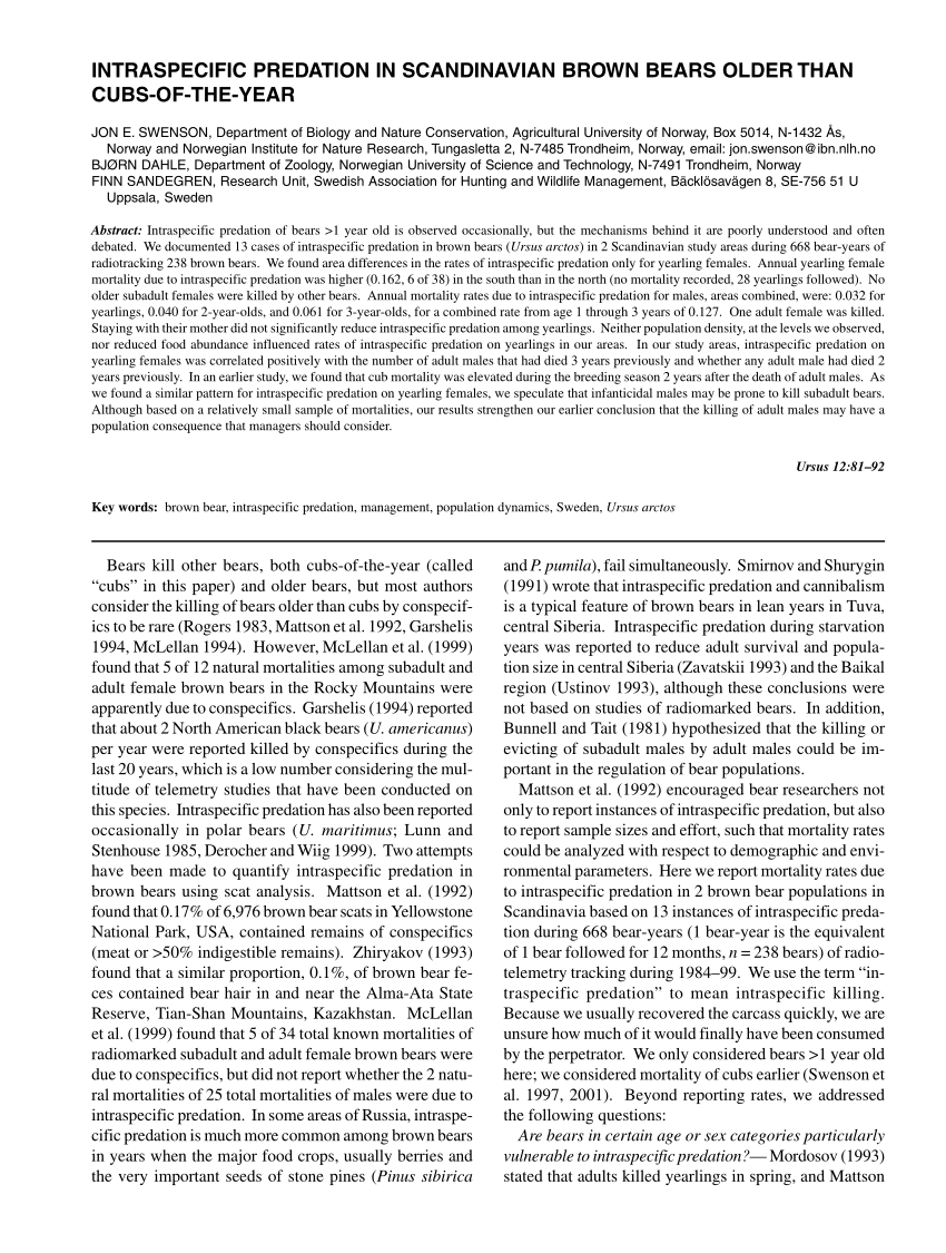 PDF) Intraspecific predation in Scandinavian brown bears older than  cubs-of-year