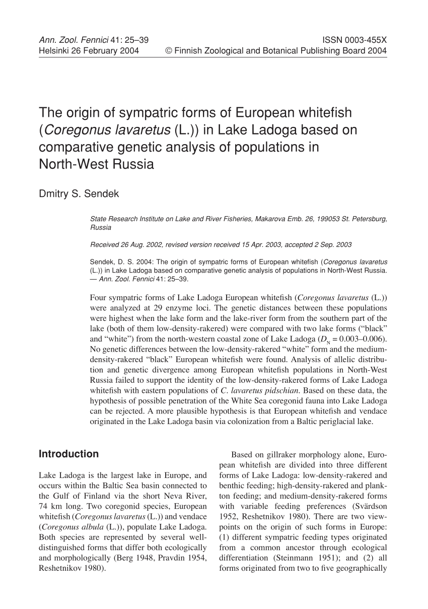Pdf The Origin Of Sympatric Forms Of European Whitefi Sh Coregonus Lavaretus L In Lake Ladoga Based On Comparative Genetic Analysis Of Populations In North West Russia